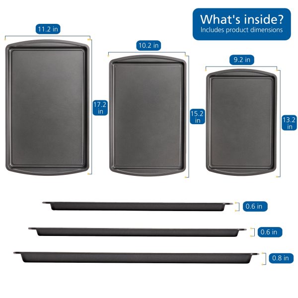 Mainstays 3pc Carbon Steel Nonstick Cookie Sheet Bakeware Set, 11" x 17", 10" x 15", 9" x 13", Gray