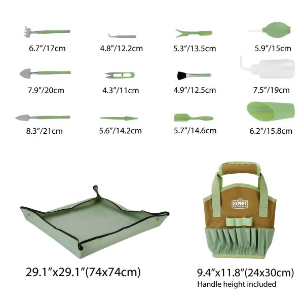 Expert Gardener Indoor Stainless Steel Gardening Tool Set, 14 Pieces, Misty Mint