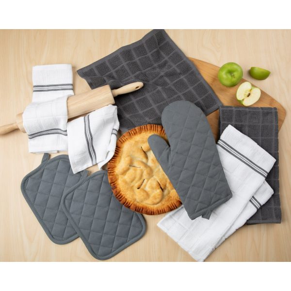 Mainstays Kitchen Towel, Dishcloth, Oven Mitt, and Pot Holder 8 Pack Set, Gray, 100% Cotton