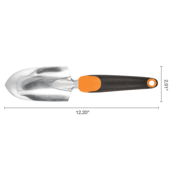Fiskars 12.25" Cast Aluminum Head, Ergo Flower Bed Trowel, Includes Hang Hole, Black and Orange