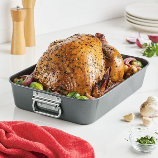Farberware Bakeware Roasting Pan with Removable Flat Rack - 10.5x15 Inches, Dishwasher Safe, Oven-Safe to 450°F, Non-Stick Finish, Gray