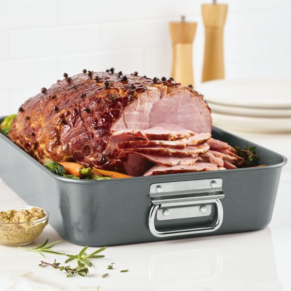 Farberware Bakeware Roasting Pan with Removable Flat Rack - 10.5x15 Inches, Dishwasher Safe, Oven-Safe to 450°F, Non-Stick Finish, Gray