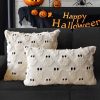 4TH Emotion Halloween Ghost Decorative Pillow Covers 18x18 Set of 2, Beige Soft Plush Faux Fur Farmhouse Throw Cushion Cases for Fall Autumn Holiday Home Decorations