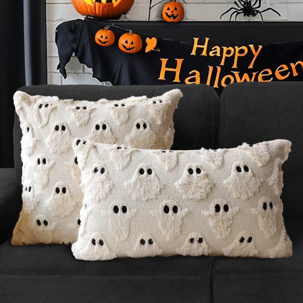 4TH Emotion Halloween Ghost Decorative Pillow Covers 18x18 Set of 2, Beige Soft Plush Faux Fur Farmhouse Throw Cushion Cases for Fall Autumn Holiday Home Decorations