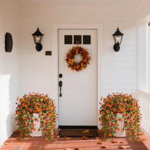 71dvHGTv2AL Artificial Fall Fake Flowers for Outdoor Fall Decoration,2 Pcs Faux Hanging Flowers Outdoor Fall Decor,UV Resistant Look Real Faux Mums Silk Flower for Outside Home Porch Patio Yard Balcony Planter