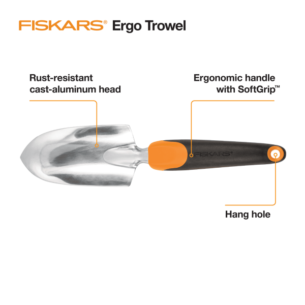 Fiskars 12.25" Cast Aluminum Head, Ergo Flower Bed Trowel, Includes Hang Hole, Black and Orange
