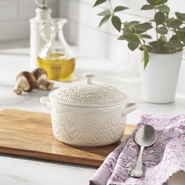 The Pioneer Woman 1QT Cocotte Casserole Baking Dish with Lid, Stoneware, Vintage Lace, Linen