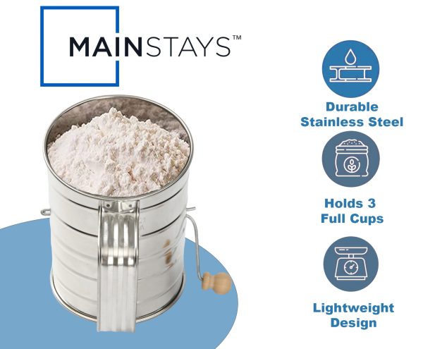 Mainstays Stainless Steel 3 Cup Flour Hand-Crank Sifter with Beechwood Handle Silver