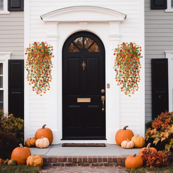 Artificial Fall Fake Flowers for Outdoor Fall Decoration,2 Pcs Faux Hanging Flowers Outdoor Fall Decor,UV Resistant Look Real Faux Mums Silk Flower for Outside Home Porch Patio Yard Balcony Planter