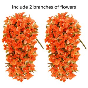 815C7CaapbL Bougainvillea Artificial Flowers Plants for Outdoors Outside Fall Autumn Decor, 2 pcs Faux Silk Long Trailing Vines UV Resistant Look Real Orange Fake Flowers for Front Door Porch Planter Urn Patio