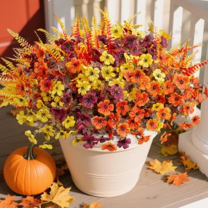 HyeFlora Artificial Fall Flowers Fake Mums Plants for Outdoors Decoration, 14 Bundles Faux Silk Daisy and Ferns UV Resistant Autumn Fake Planter for Home Porch Patio Yard Window Box