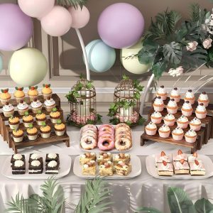 81Q6+vOm5CL 2 Set Large Wooden Tiered Riser Display Stands for Vendor Events,Stackable Wooden Cupcake Stand,Farmhouse Decor Wood Dessert Table Display Set,Vendor Booth Display Items,Food Display Risers for Party(12-11.2-10.4-9.6IN)