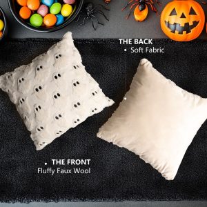 81+foSqWwoL 4TH Emotion Halloween Ghost Decorative Pillow Covers 18x18 Set of 2, Beige Soft Plush Faux Fur Farmhouse Throw Cushion Cases for Fall Autumn Holiday Home Decorations