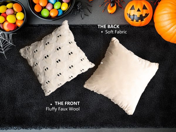 4TH Emotion Halloween Ghost Decorative Pillow Covers 18x18 Set of 2, Beige Soft Plush Faux Fur Farmhouse Throw Cushion Cases for Fall Autumn Holiday Home Decorations
