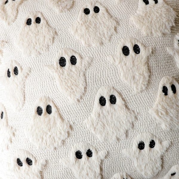 4TH Emotion Halloween Ghost Decorative Pillow Covers 18x18 Set of 2, Beige Soft Plush Faux Fur Farmhouse Throw Cushion Cases for Fall Autumn Holiday Home Decorations