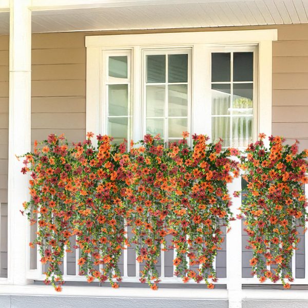 Artificial Fall Fake Flowers for Outdoor Fall Decoration,2 Pcs Faux Hanging Flowers Outdoor Fall Decor,UV Resistant Look Real Faux Mums Silk Flower for Outside Home Porch Patio Yard Balcony Planter