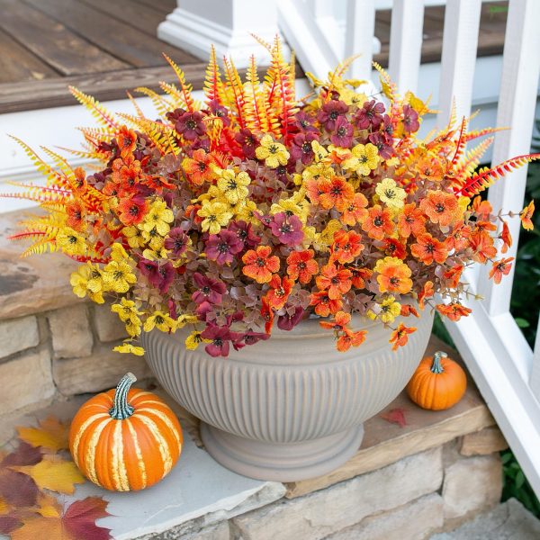 HyeFlora Artificial Fall Flowers Fake Mums Plants for Outdoors Decoration, 14 Bundles Faux Silk Daisy and Ferns UV Resistant Autumn Fake Planter for Home Porch Patio Yard Window Box