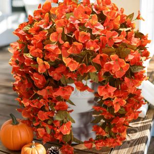 Bougainvillea Artificial Flowers Plants for Outdoors Outside Fall Autumn Decor, 2 pcs Faux Silk Long Trailing Vines UV Resistant Look Real Orange Fake Flowers for Front Door Porch Planter Urn Patio