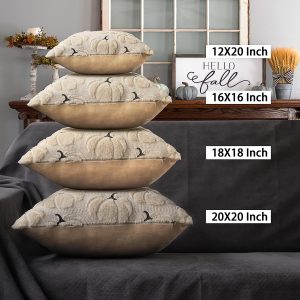 91DPu2Ut9iL 4TH Emotion Fall Pumpkins Decorative Pillow Covers 18x18 Set of 2, Beige Soft Plush Faux Fur Wool Farmhouse Throw Cushion Cases for Autumn Thanksgiving Holiday Home Decorations