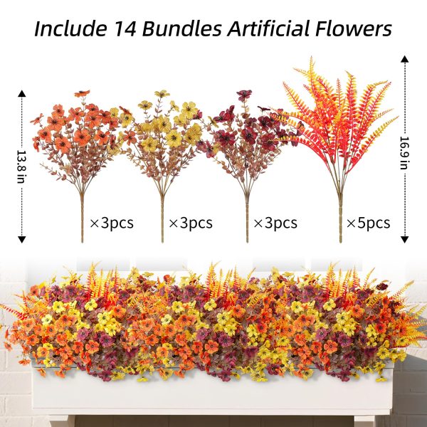 HyeFlora Artificial Fall Flowers Fake Mums Plants for Outdoors Decoration, 14 Bundles Faux Silk Daisy and Ferns UV Resistant Autumn Fake Planter for Home Porch Patio Yard Window Box