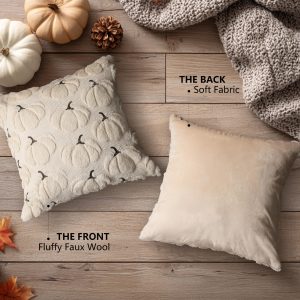 91a2P2pri+L 4TH Emotion Fall Pumpkins Decorative Pillow Covers 18x18 Set of 2, Beige Soft Plush Faux Fur Wool Farmhouse Throw Cushion Cases for Autumn Thanksgiving Holiday Home Decorations