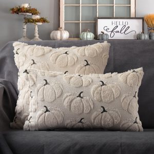 91rG32g9NXL 4TH Emotion Fall Pumpkins Decorative Pillow Covers 18x18 Set of 2, Beige Soft Plush Faux Fur Wool Farmhouse Throw Cushion Cases for Autumn Thanksgiving Holiday Home Decorations