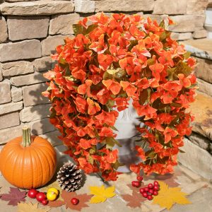 91ygnVbNyNL Bougainvillea Artificial Flowers Plants for Outdoors Outside Fall Autumn Decor, 2 pcs Faux Silk Long Trailing Vines UV Resistant Look Real Orange Fake Flowers for Front Door Porch Planter Urn Patio