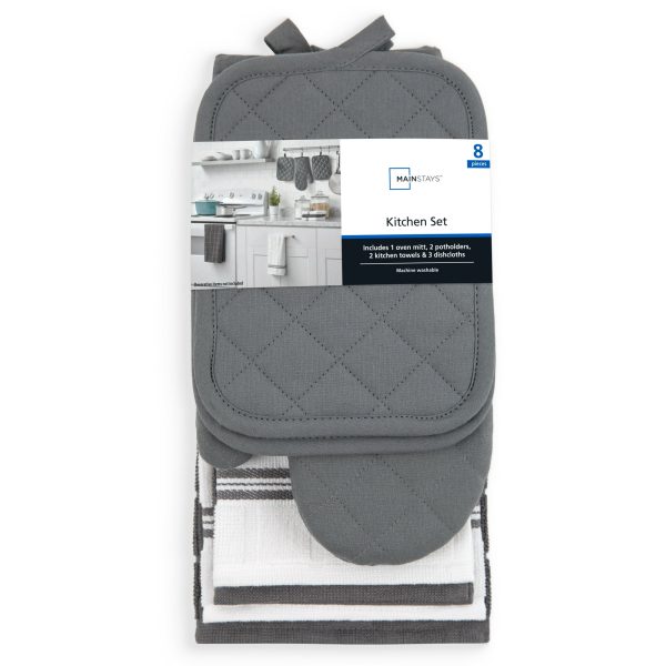 Mainstays Kitchen Towel, Dishcloth, Oven Mitt, and Pot Holder 8 Pack Set, Gray, 100% Cotton