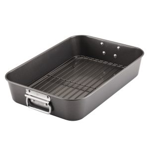 Farberware Bakeware Roasting Pan with Removable Flat Rack - 10.5x15 Inches, Dishwasher Safe, Oven-Safe to 450°F, Non-Stick Finish, Gray