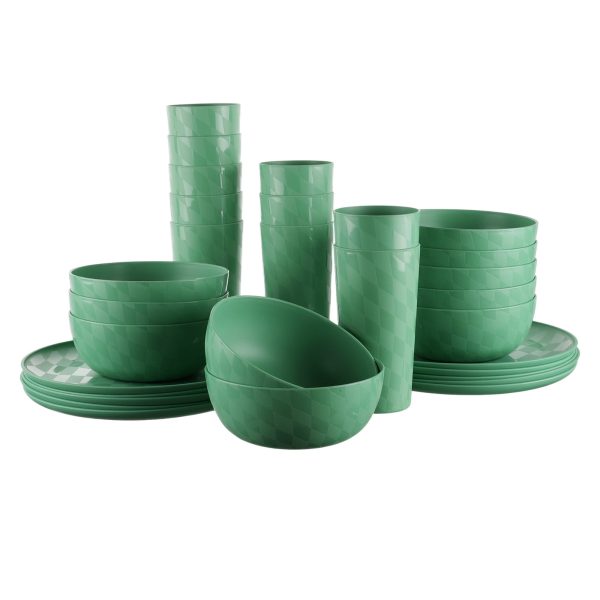 Mainstays 30-Piece Plastic Check Pattern Dinnerware Bundle Set, Green
