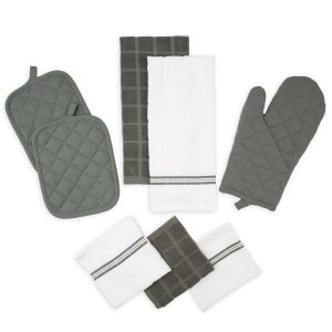 Mainstays Kitchen Towel, Dishcloth, Oven Mitt, and Pot Holder 8 Pack Set, Gray, 100% Cotton