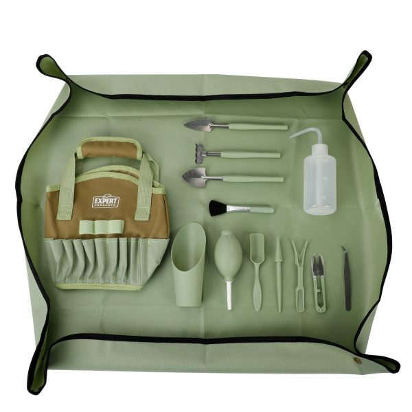 Expert Gardener Indoor Stainless Steel Gardening Tool Set, 14 Pieces, Misty Mint