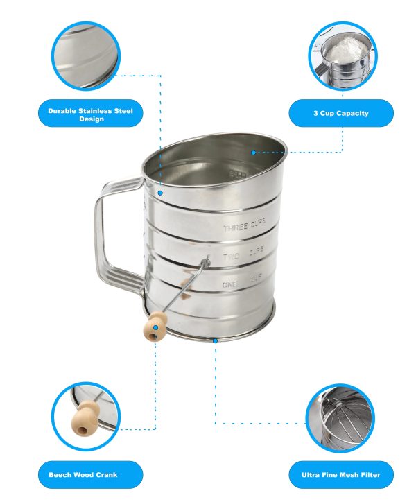Mainstays Stainless Steel 3 Cup Flour Hand-Crank Sifter with Beechwood Handle Silver
