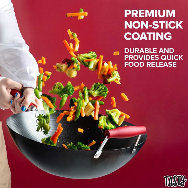 Tasty Carbon Steel Non-Stick Stir Fry Pan/Wok, 14 inch, Red