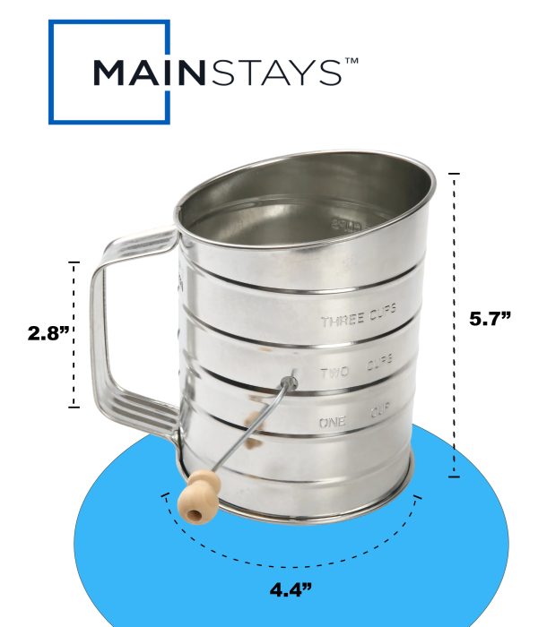 Mainstays Stainless Steel 3 Cup Flour Hand-Crank Sifter with Beechwood Handle Silver